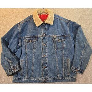 Levi's Signature Denim Trucker Jacket Red Quilt Lined Sherpa Collar Men's 2XL